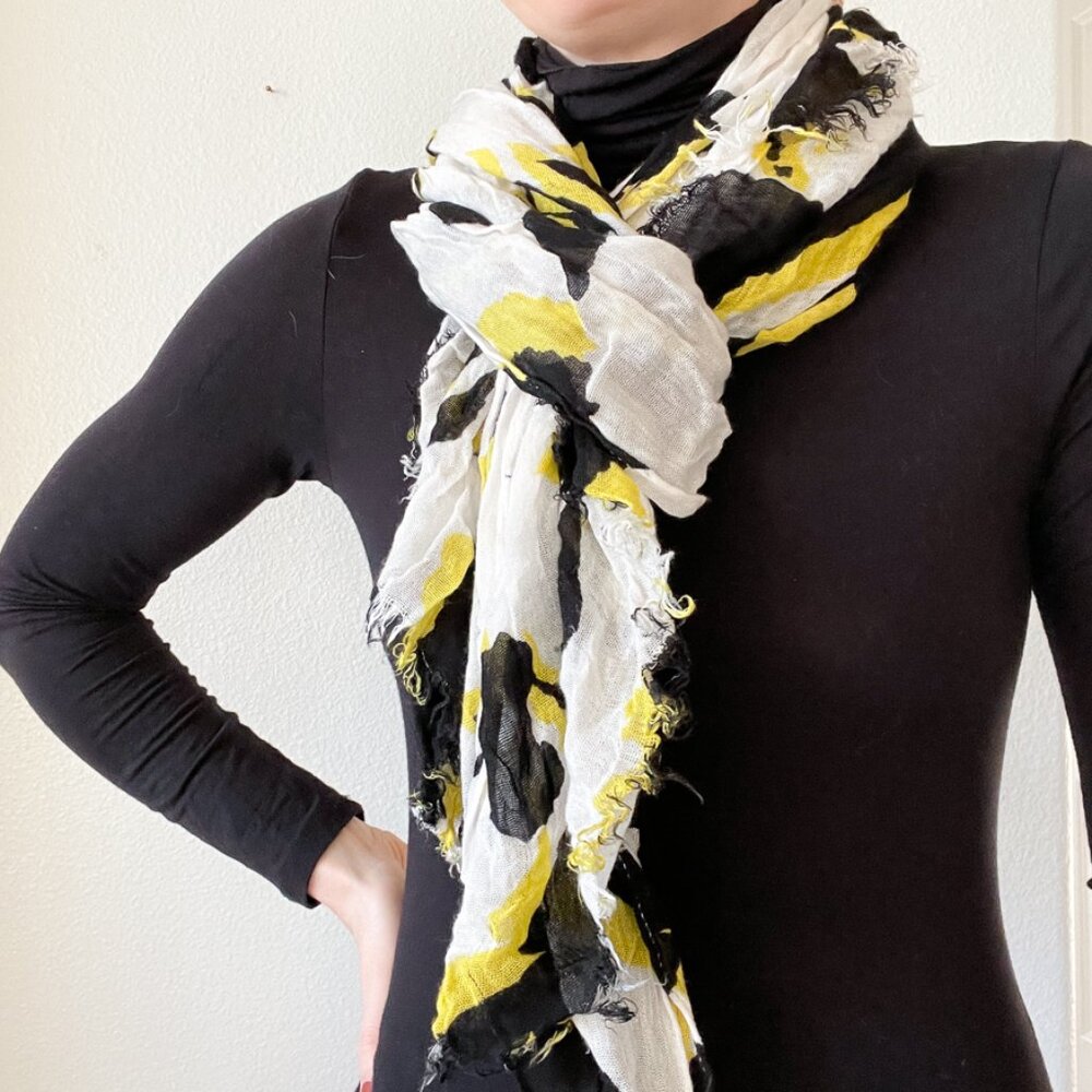 Express Vintage Floral Print Black White & Neon Yellow Fringed Lightweight Scarf